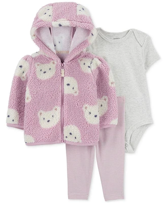 Carter's Baby Girls Faux-Sherpa Bear Little Jacket, Bodysuit & Striped Pants, 3-Piece Set