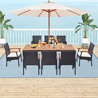 Costway 9 Pcs Patio Rattan Dining Set with Acacia Wood Table, Cushions