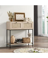Costway Rattan Console Table with 2 Rattan Drawers & Open Storage Shelf Metal Legs