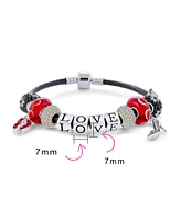 Bling Jewelry Couples Love Word Saying Red Valentine Themed Starter Beads Multi Charm Bracelet Black Leather For Women .925 Sterling Silver European B