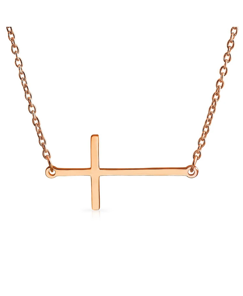 Bling Jewelry Delicate Simple Plain Horizontal Sideways Cross Necklace Station Pendant For Women Rose Gold Plated .925 Sterling Silver