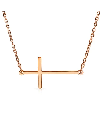 Bling Jewelry Delicate Simple Plain Horizontal Sideways Cross Necklace Station Pendant For Women Rose Gold Plated .925 Sterling Silver