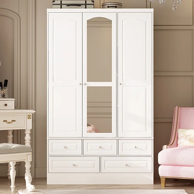 Famapy White Wood Wardrobe Armoires with Mirror,5-Drawers,Adjustable Shelves