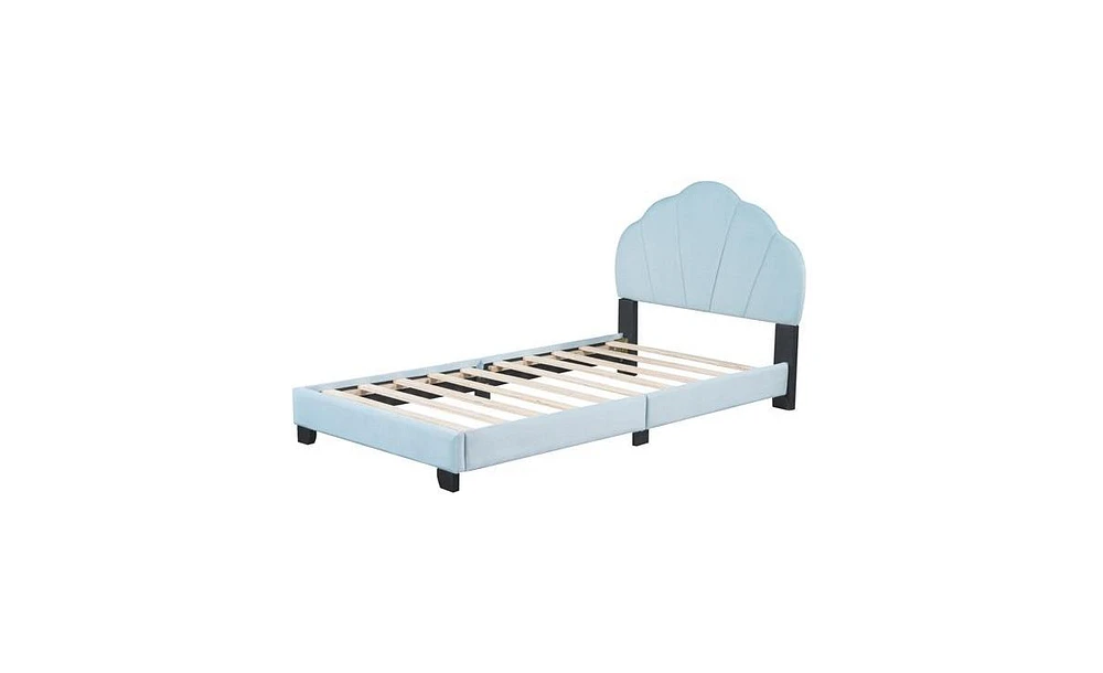 Slickblue Twin Size Upholstered Velvet Platform Bed with Shell-Shaped Headboard