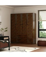 Homsee Brown Wood 4 Shutter Doors Armoires Wardrobe with Drawers, Hanging Rod