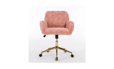 Slickblue Artificial Rabbit Hair Home Office Chair: Adjustable Swivel Desk Chair with Golden Metal Base - Pink Vanity Chair