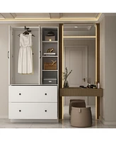 Famapy White Wood Armoires Wardrobe With Mirror, Pulling Hanging Rod, Drawers