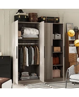 Famapy Grey Wood 4-Door Wardrobe Armoires with Hanging Rod and Storage Shelves