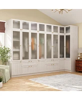 Famapy Tempered Glass Doors Big Armoires Wardrobe with Hanging Rods