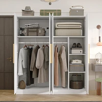 Famapy Grey Wood 4-Door Wardrobe Armoires with Hanging Rod and Storage Shelves