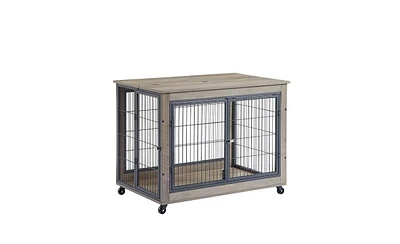 Furniture Style Dog Crate Side Table on Wheels – Double Doors and Lift Top