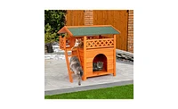 Slickblue 2-Story Wooden Feral Cat House – Outdoor/Indoor Kitty Shelter with Door, Stairs, and Weatherproof Roof, Orange & Green