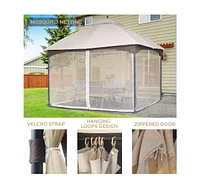 10x12 Ft Softtop Metal Gazebo with Mosquito Net&Sunshade Curtains, Sturdy Heavy Duty Double Roof Canopy, Galvanized Steel Design Outdoor Tent, Suitabl