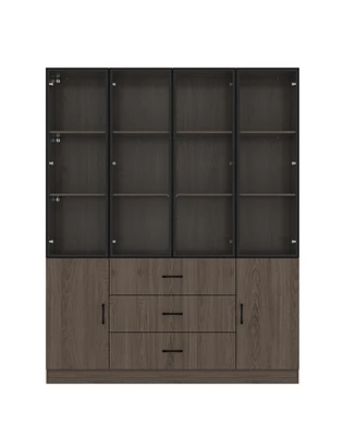 Famapy Brown Wood 13-Shelf Standard Bookcase with Pop up Glass Doors