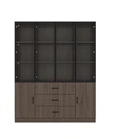 Famapy Brown Wood 13-Shelf Standard Bookcase with Pop up Glass Doors