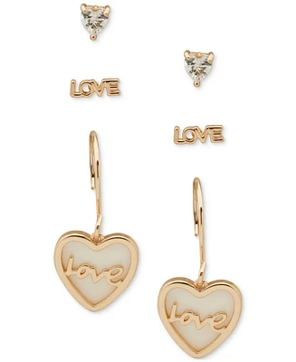 lonna & lilly Gold-Tone 3-Pc. Set Cubic Zirconia & Mother-of-Pearl Heart Love Earrings