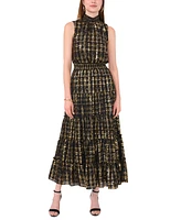 Msk Women's Plaid Smocked Mock-Neck Maxi Dress