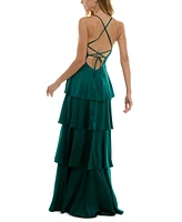 City Studios Juniors' Cowlneck Tiered Slit-Front Gown