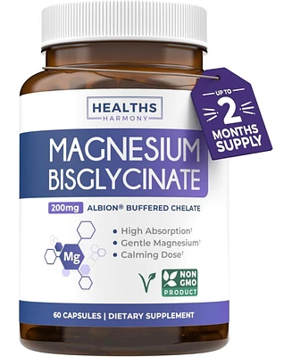 Healths Harmony Magnesium Bisglycinate Capsules, High Absorption, Gentle, Calm, & Non-Laxative, Health's Harmony