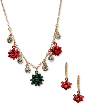 Anne Klein Gold-Tone Crystal & Color Bow Statement Necklace & Drop Earrings Set