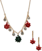 Anne Klein Gold-Tone Crystal & Color Bow Statement Necklace & Drop Earrings Set