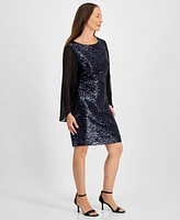 Connected Petite Sequinned Sheer-Sleeve Sheath Dress