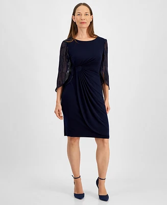 Connected Petite Lace-Sleeve Side-Gathered Sheath Dress