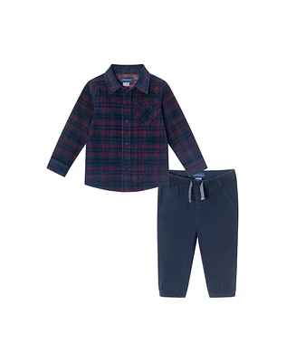 Andy & Evan Baby Boys Plaid Cord Buttondown Navy Joggers Set