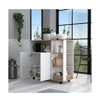 Depot E-Shop St. Thomas Kitchen Cart, Four Open Shelves, Double Door Cabinet, Four Casters, Light Oak / White - Multi