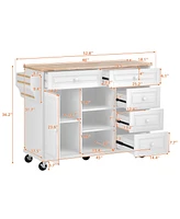 Slickblue Kitchen Cart with Rubber Wood Desktop: Rolling Mobile Island with Storage and 5 Drawers, 53-Inch Length - White