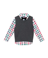 Andy & Evan Toddler Boys Toddler/Child White Plaid Buttondown w/Charcoal Sweater Vest Bowtie
