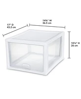 Sterilite 27 Quart Clear & White Plastic Storage Bin with One Drawer, 8 Pack