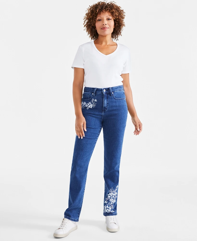 Style & Co Petite Embroidered High-Rise Straight-Leg Jeans, Created for Macy's