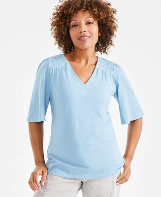 Style & Co Women's V-Neck Embroidered Flutter-Sleeve Top, Created for Macy's