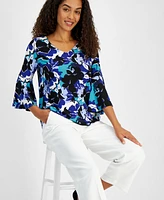 Kasper Women's V-Neck Floral Bell-Sleeve Top, Regular & Petite Sizes