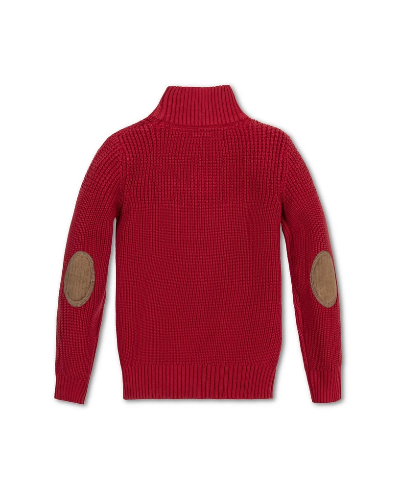 Hope & Henry Boys Organic Long Sleeve Mock Neck Mix Stitch Button Sweater with Elbow Patches