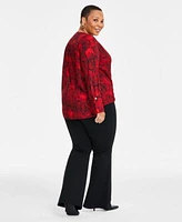 I.N.C. International Concepts Plus Size Cuffed Surplice Blouse High Rise Flare Leg Pants Exclusively At Macys