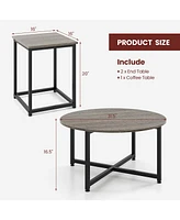 Gymax Round Nesting Table Set of 3 Coffee Table w/ 2 End Tables Sturdy Metal Frame