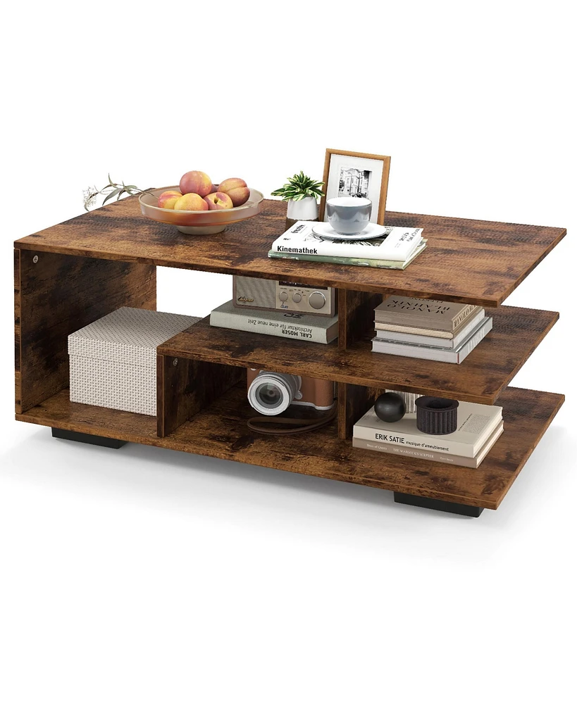 Gymax Geometric Coffee Table w/ Storage Shelves 3-Tier Rectangular Tea Rustic Brown