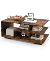 Gymax Geometric Coffee Table w/ Storage Shelves 3-Tier Rectangular Tea Rustic Brown