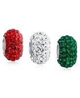 Bling Jewelry Christmas Holiday Red Green Flower Stripe Crystal Sparkle Mix Bundle Set Of Three .925 Sterling Silver Dangle Charm Bead Fits European C