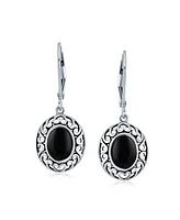 Bling Jewelry Simple Western Style 3.2CT Dyed Black Onyx Dome Oval Bezel Set Lever Back Dangle Earrings For Women .925 Sterling Silver