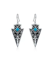 Bling Jewelry Blue Bead Arrowhead Dangle Earrings For Women Oxidized .925 Sterling Silver