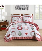 MarCielo 3 Pcs Winter Red Candy Christmas Quilt Bedspread Set King