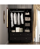 Famapy Brown Paint Big Wardrobe Armoires With Mirror,Drawers,Shelves