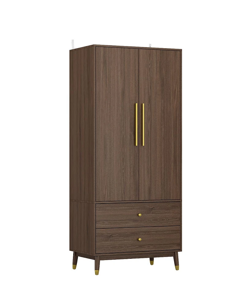 Famapy Brown Armoire with 2-Drawers, Hanging Rod and Gold Metal Handles