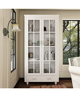 Famapy White Storage Cabinet Bookcase with Tempered Glass Doors,-Drawer