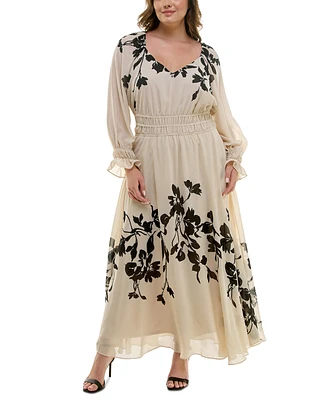 Taylor Plus Floral-Print Elastic-Waist Chiffon Maxi Dress