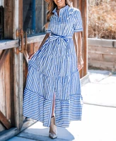 Cupshe Women's Blue Striped Puff Sleeve Front Button Maxi Beach Dress