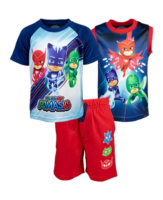 Pj Masks Boys T-Shirt Tank Top and French Terry Shorts 3 Piece Outfit Set